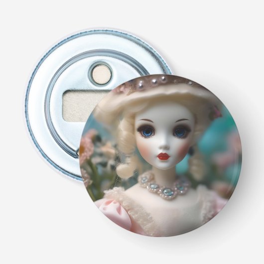 Blauwogige  pop, button flesopener (Voorkant)