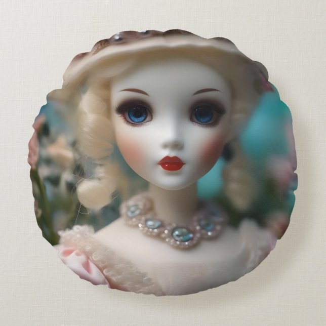 Blauwogige  pop, rond kussen (Voorkant)