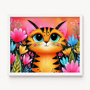 Blauwogige Roze en Oranje Tabbykat Bloemstuk Poster