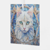 Blauwogige Witte Kat Gebrand Glas Ornament (Voorkant links)