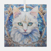 Blauwogige Witte Kat Gebrand Glas Ornament (Voorkant)