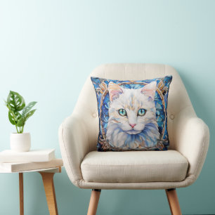 Blauwogige Witte Kat Gebrandschilderde Stijl Kussen