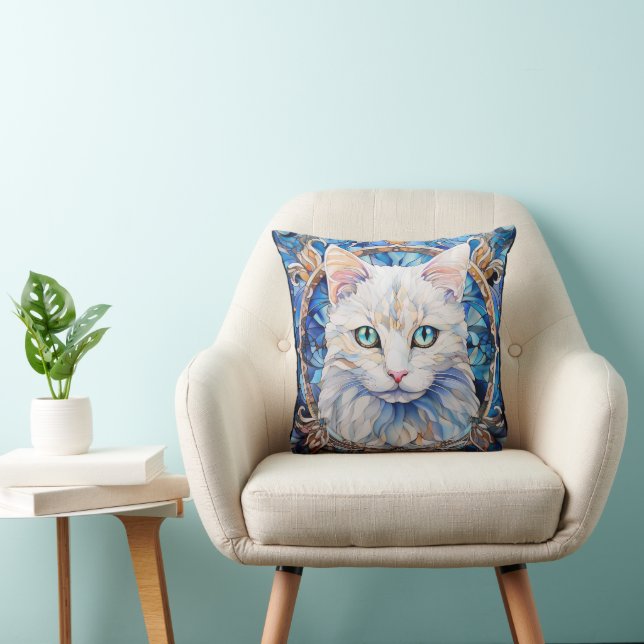 Blauwogige Witte Kat Gebrandschilderde Stijl Kussen (Stoel)