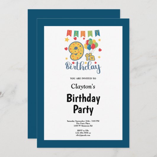 Blauwomlijnde 9e verjaardag uitnodiging (Voorkant / Achterkant)