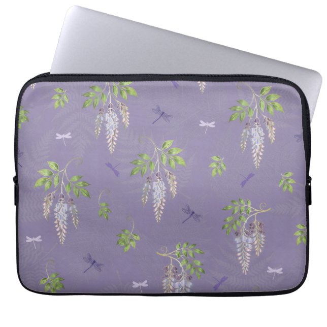 Blauwregen, varens, & Libellen Laptop Sleeve (Voorkant)