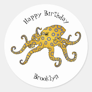 Blauwrode octopus cartoon illustratie ronde sticker
