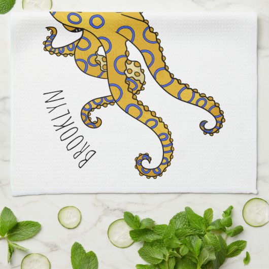 Blauwrode octopus cartoon illustratie theedoek (Gevouwen)