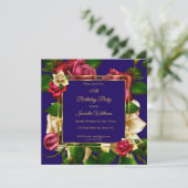 Blauwrode roomcrème Roos floral Gold Birthday Part Kaart (Staand voorkant)