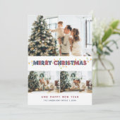 Blauwrode sneeuw kerstverlichting 3 Foto Feestdagenkaart (Staand voorkant)