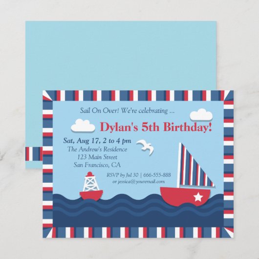 Blauwrode witte anautisch thema Birthday Party Kaart (Voorkant / Achterkant)