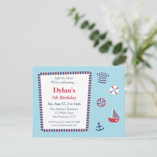 Blauwrode witte anautisch thema Birthday Party Kaart (Staand voorkant)