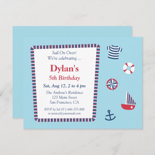 Blauwrode witte anautisch thema Birthday Party Kaart (Voorkant / Achterkant)