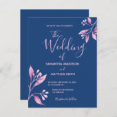 Blauwroze botanische huwelijksuitnodiging briefkaart (Voorkant / Achterkant)