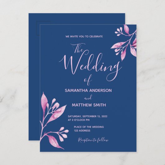 Blauwroze botanische huwelijksuitnodiging briefkaart (Voorkant / Achterkant)