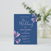 Blauwroze botanische huwelijksuitnodiging briefkaart (Staand voorkant)