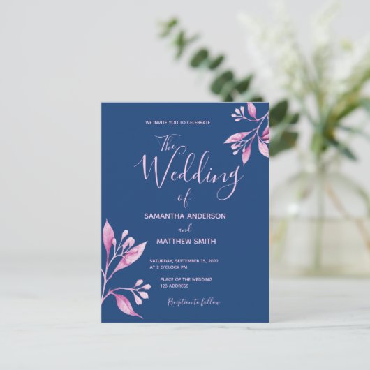 Blauwroze botanische huwelijksuitnodiging briefkaart (Staand voorkant)