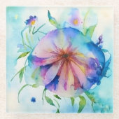 Blauwroze convolvulus, waterverf glazen onderzetter (Voorkant)