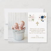 Blauwroze Floral foto Twin Gold Cross Baptisme Bedankkaart (Voorkant)