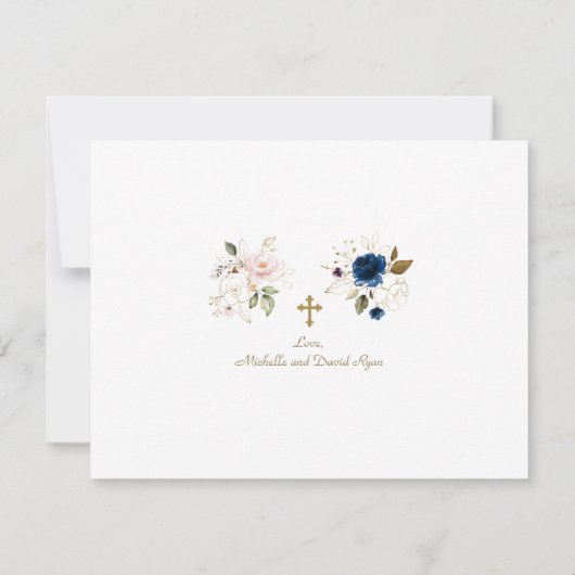 Blauwroze Floral foto Twin Gold Cross Baptisme Bedankkaart (Achterkant)