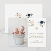 Blauwroze Floral foto Twin Gold Cross Baptisme Bedankkaart (Voorkant / Achterkant)