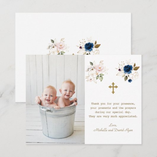 Blauwroze Floral foto Twin Gold Cross Baptisme Bedankkaart (Voorkant / Achterkant)
