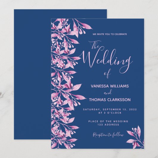 Blauwroze florale botanische scriptbruiloft kaart (Voorkant / Achterkant)