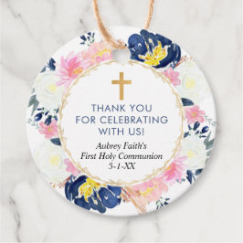 Blauwroze geel florale eerste communiqué baptisme bedankjes labels