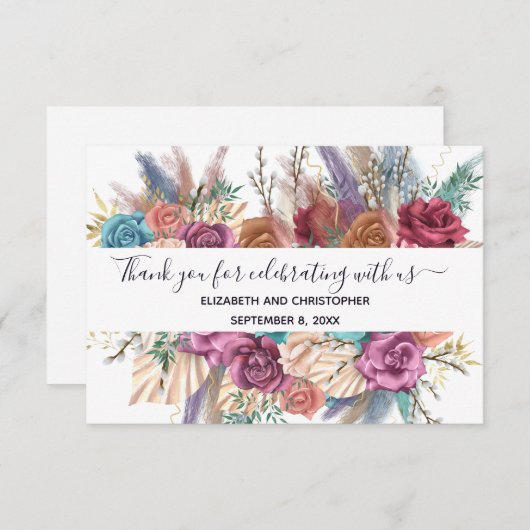 Blauwroze pekelkalligrafie bruiloft bedankkaart (Voorkant / Achterkant)