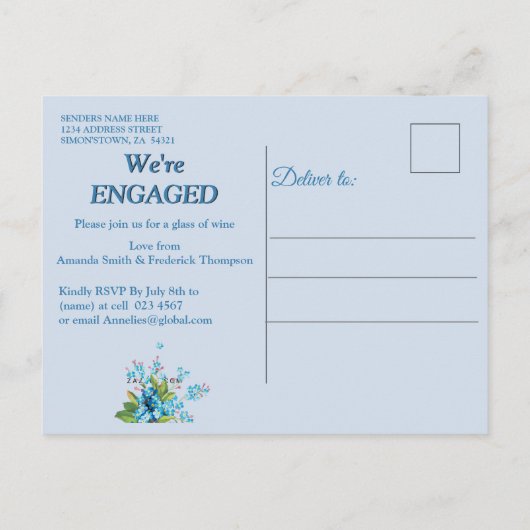 Blauwroze vergeet-me-geen Verloving Uitnodiging Briefkaart (Achterkant)