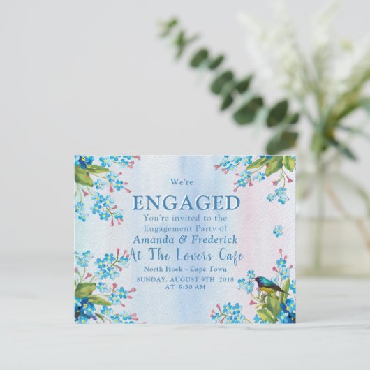 Blauwroze vergeet-me-geen Verloving Uitnodiging Briefkaart (Staand voorkant)