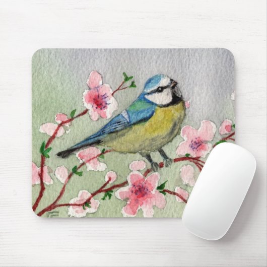 Blauwtevogel op Cherry Blossom Tree Muismat (Met muis)