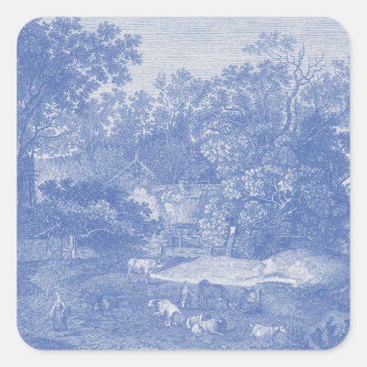 Blauwtoil de Jouy Frans Land Shabby Elegance Vierkante Sticker (Voorkant)