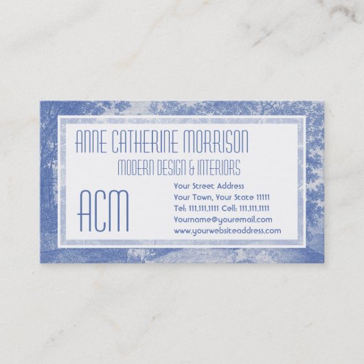 Blauwtoil de Jouy Frans Land Shabby Elegance Visitekaartje (Voorkant)