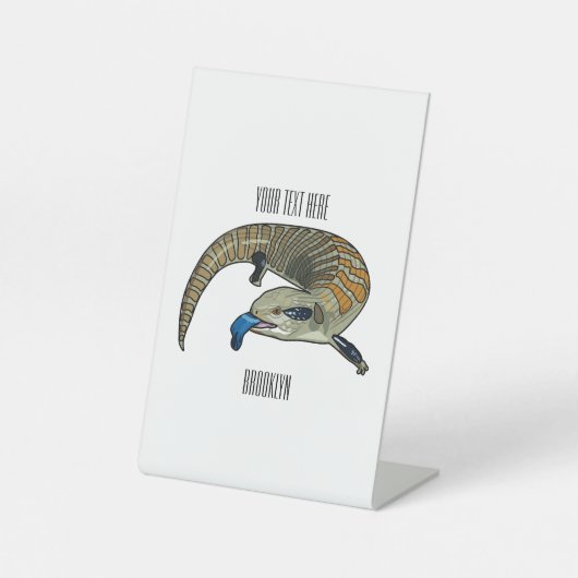 Blauwtongen cartoon illustratie reclamebord met voetstuk (Voorkant)