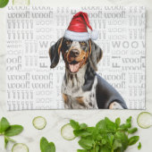 Blauwvink Coonhound Dog in Santa Hat Woof Kerstmis Theedoek (Gevouwen)