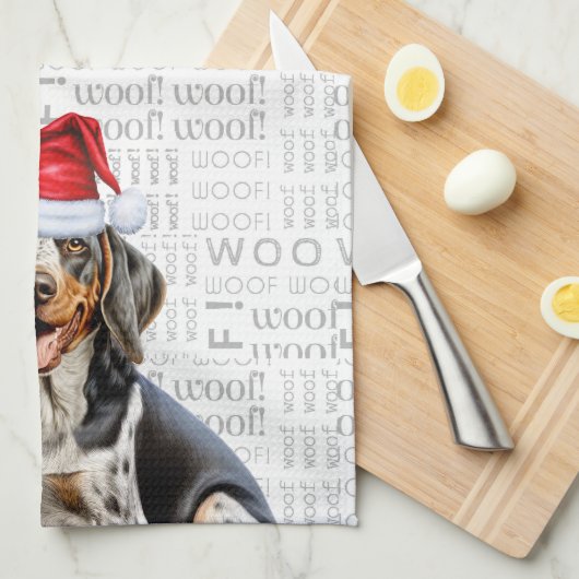 Blauwvink Coonhound Dog in Santa Hat Woof Kerstmis Theedoek (Quarter Fold)