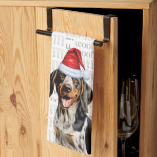 Blauwvink Coonhound Dog in Santa Hat Woof Kerstmis Theedoek