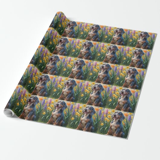Blauwvink Coonhound Dog Spring Flowers Painting Cadeaupapier (Uitgerold)