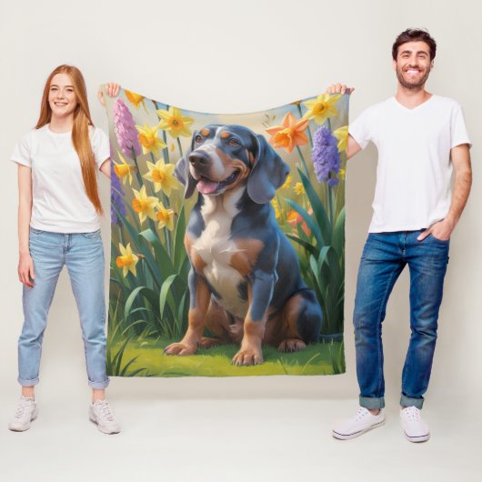 Blauwvink Coonhound Dog Spring Flowers Painting Fleece Deken (In situ)