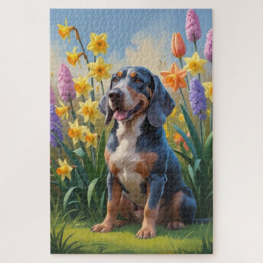 Blauwvink Coonhound Dog Spring Flowers Painting Legpuzzel (Verticaal)