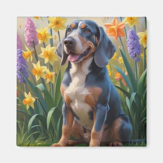 Blauwvink Coonhound Dog Spring Flowers Painting Magneet (Voorkant)
