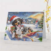 Blauwvink Coonhound Hond in Sleigh Sneeuw Kerstmis Kaart (Gele Bloem)