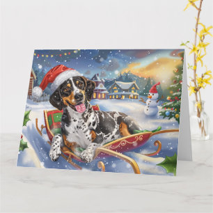 Blauwvink Coonhound Hond in Sleigh Sneeuw Kerstmis Kaart