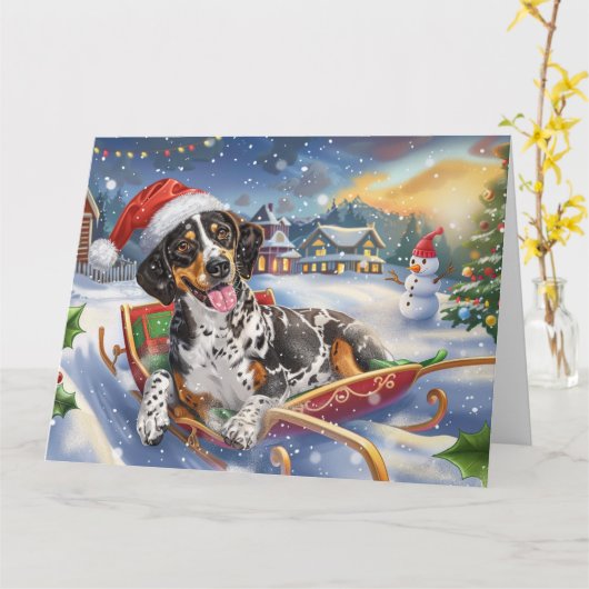 Blauwvink Coonhound Hond in Sleigh Sneeuw Kerstmis Kaart (Gele Bloem)
