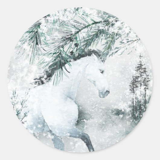 Blauwvintonijn winterbos Witte paarden Ronde Sticker (Voorkant)