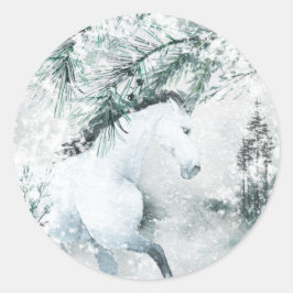 Blauwvintonijn winterbos Witte paarden Ronde Sticker