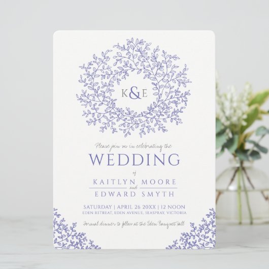 blauwvintonijnse monogram bruiloft kaart (Staand voorkant)