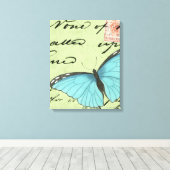 Blauwvleugelvlinder op Blauwgroen Briefkaart Canvas Afdruk (Insitu (Houten vloer))
