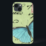 Blauwvleugelvlinder op Blauwgroen Briefkaart iPhone 13 Hoesje<br><div class="desc">Dit blauwgroen briefkaart draagt een boodschap van schoonheid. Een delicate blauwe vlinder rust op de kaart,  die enkele van het manuscript verduistert het bevat. Deze Vision Studio-afdruk zou een geweldige aanvulling zijn op uw huis!</div>