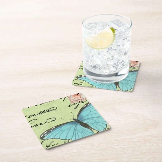 Blauwvleugelvlinder op Blauwgroen Briefkaart Kartonnen Onderzetters (Insitu)